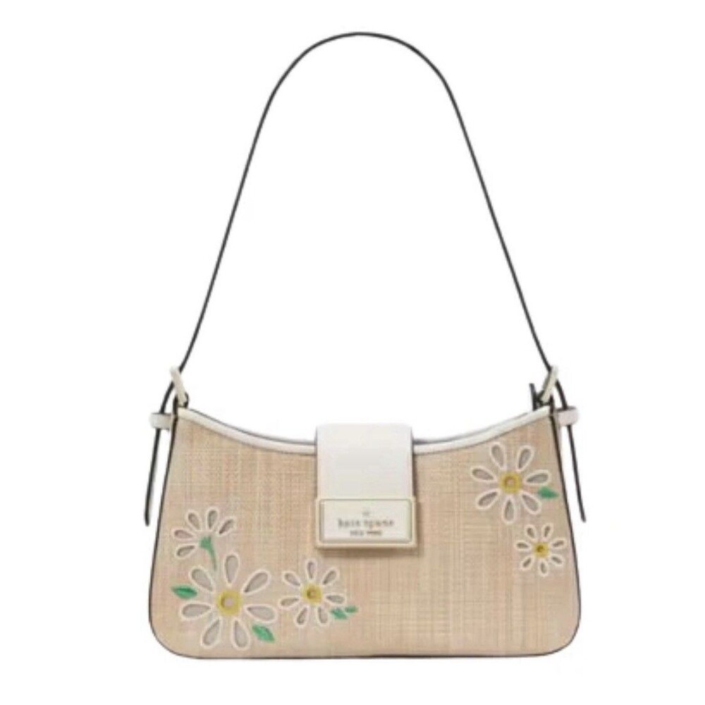 Kate Spade Reegan Small Straw Woven Daisy Flower Shoulder Bag Purse Meringue